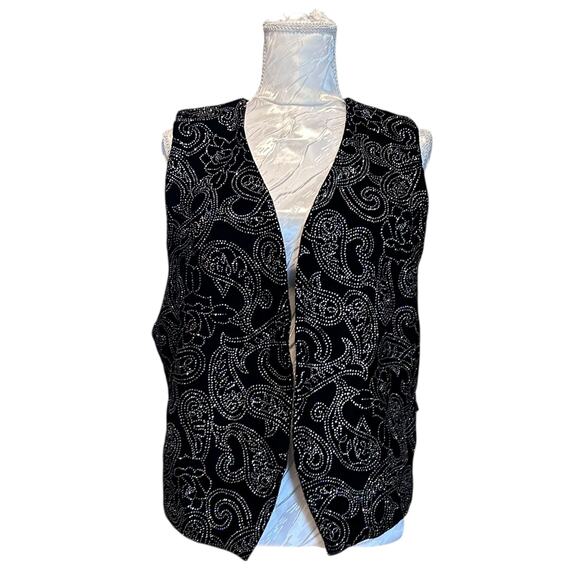 Vintage Black Bedazzled Velvet Vest Womens Sz 12 Open Front Witchy Whimsigoth - Picture 1 of 16